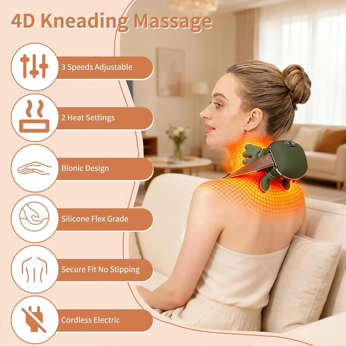 Neck Massager, Neck and Back Massager with Heat & 4D Kneading, Shiatsu Deep Tissue Wireless Massager for Shoulder Cervical Pain in