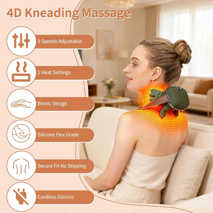Neck Massager, Neck and Back Massager with Heat & 4D Kneading, Shiatsu Deep Tissue Wireless Massager for Shoulder Cervical Pain in