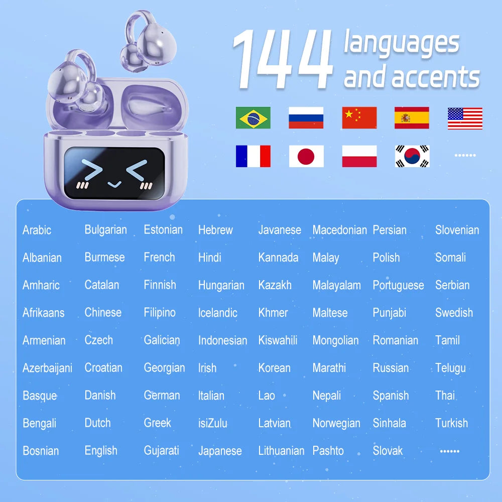 Touch Screen Wireless Bluetooth Earphone 144 Languages Real-Time Translation Headphones HiFi Audio Earbuds Sports Games Headset